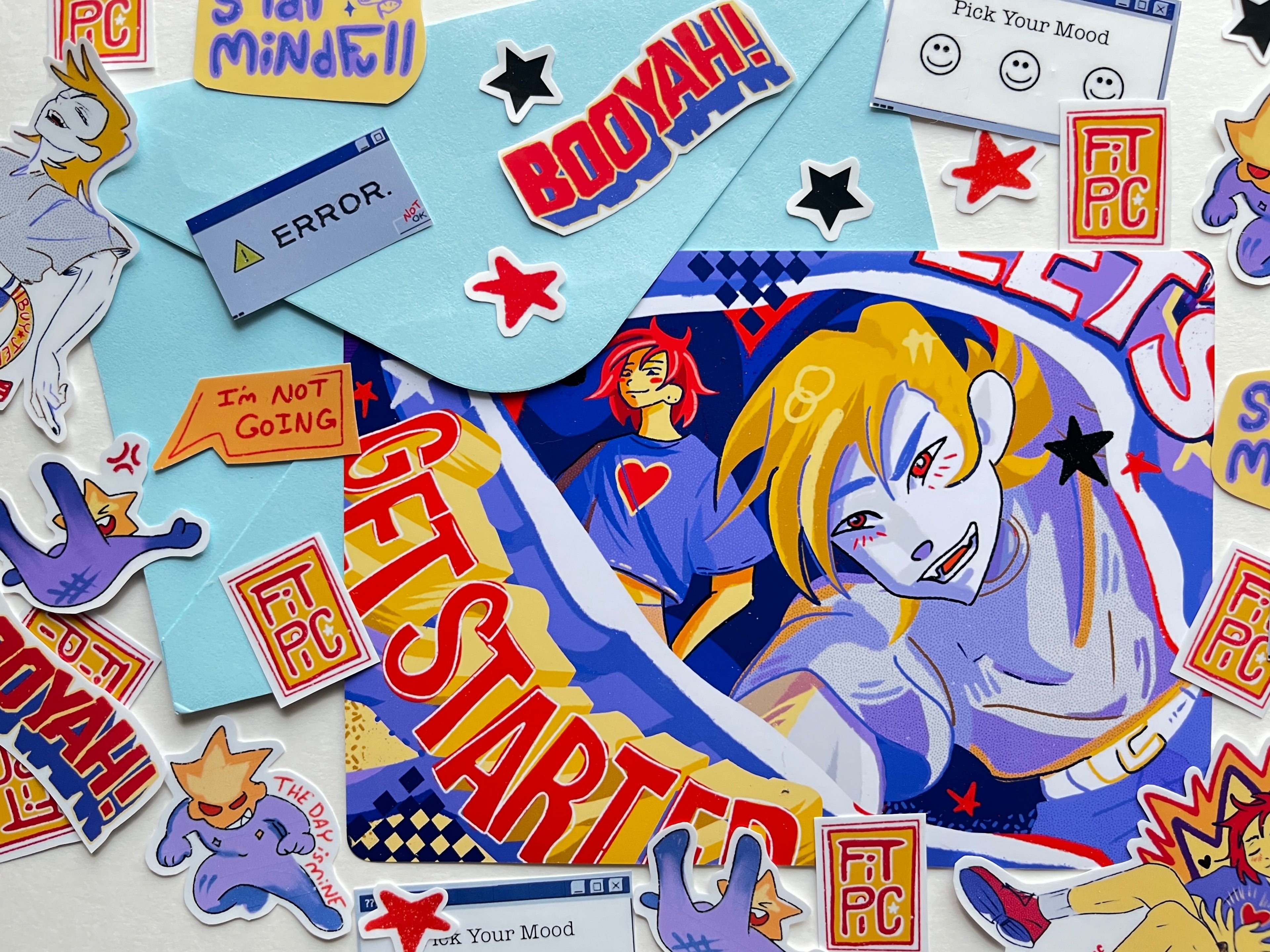 Collection of colorful stickers with various designs and text on a white background